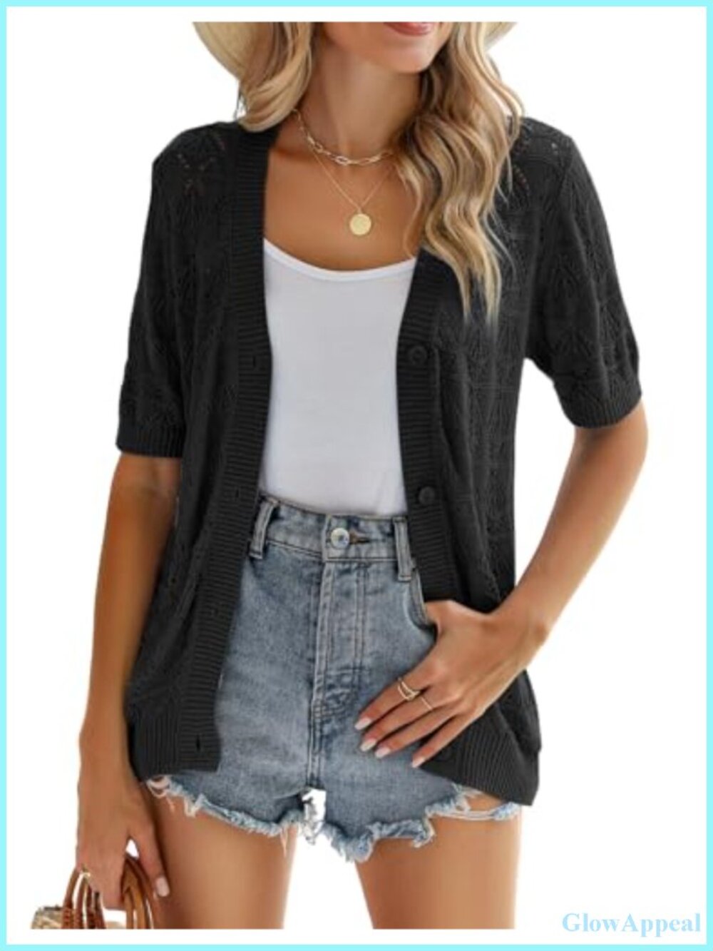 Women's Crochet Cropped Cardigan Short Sleeve V-Neck Button Down Knit Bolero